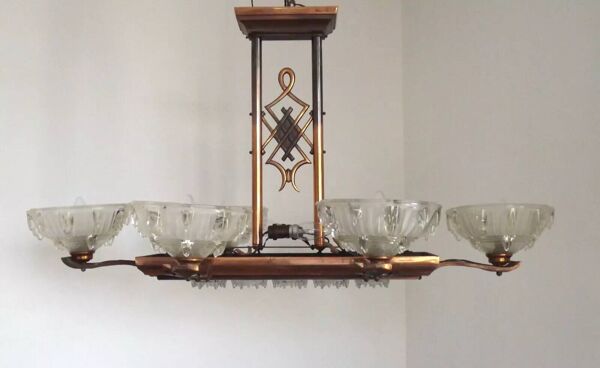 French Art Deco 6-Arm, 10-Light Chandelier  Petitot Ezan Style, Copper Tone