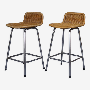 Chromed steel and rattan bar stools from Rohé Noordwolde, 1960s, Set of 2