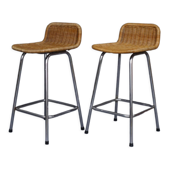 Chromed steel and rattan bar stools from Rohé Noordwolde, 1960s, Set of 2