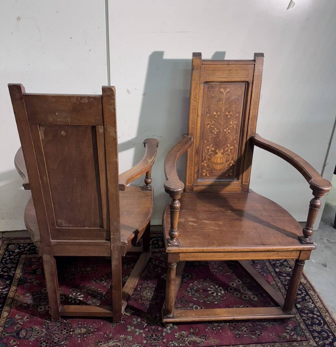 Pair of Renaissance style armchairs in walnut and marquetry.