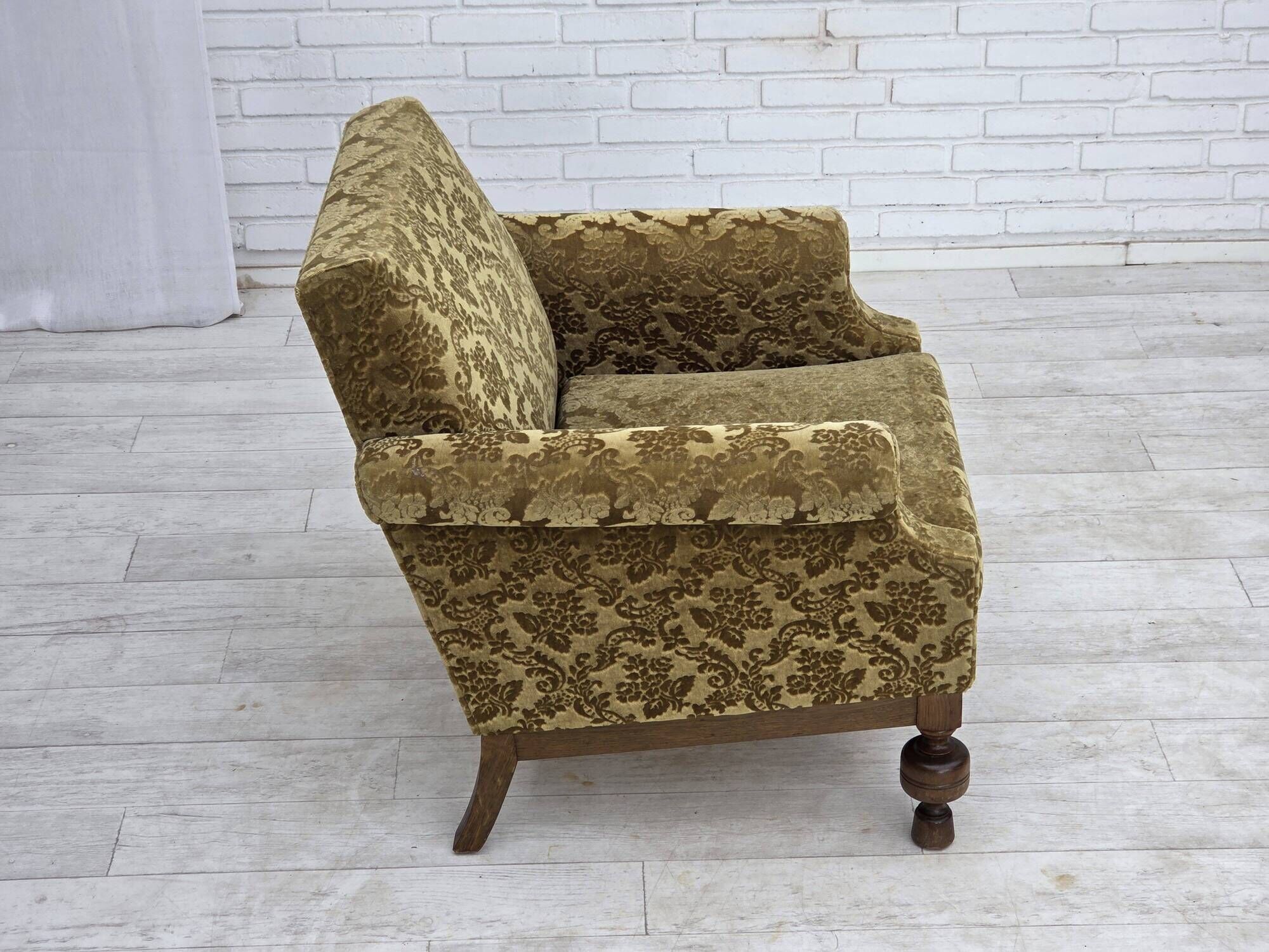 1960s, Danish armchair, furniture velour, carved oak wood.