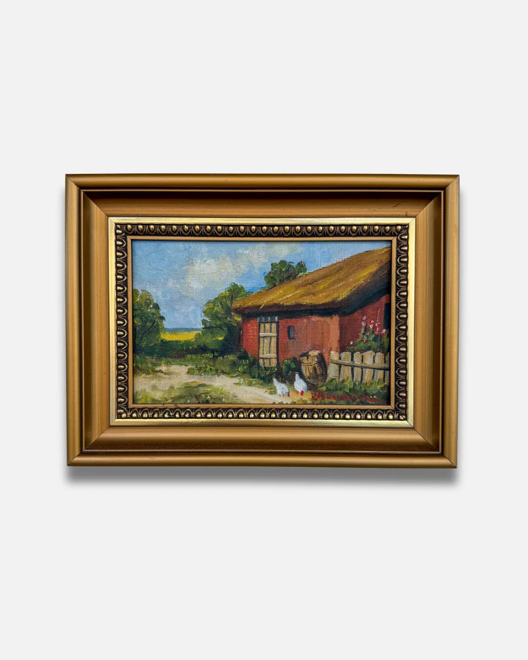 Old painting - Red barn and chickens