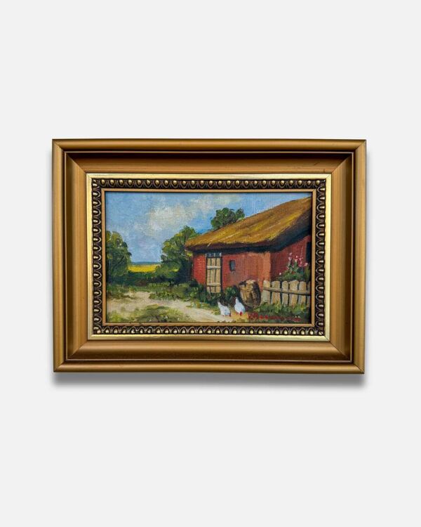 Tableau ancien ''Grange rouge et poules
