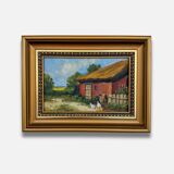 Old painting - Red barn and chickens