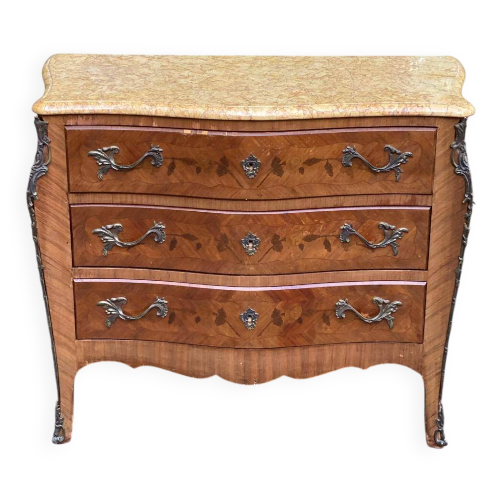 Curved Louis XV chest of drawers in marquetry and beige marble
