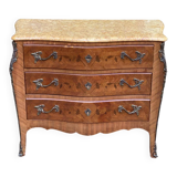 Curved Louis XV chest of drawers in marquetry and beige marble
