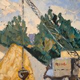 Old painting, barge at the dock, signed Maurice Pannetier, 70s/80s