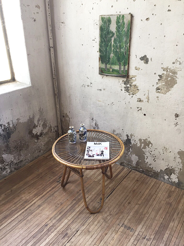 Vintage glass and rattan table