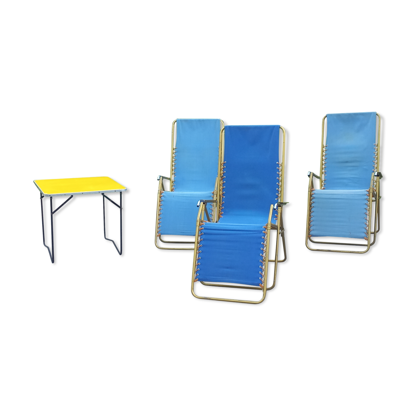 Set of 3 vintage lafuma sun loungers canvas and tubes + table