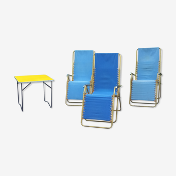 Set of 3 vintage lafuma sun loungers canvas and tubes + table