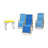 Set of 3 vintage lafuma sun loungers canvas and tubes + table