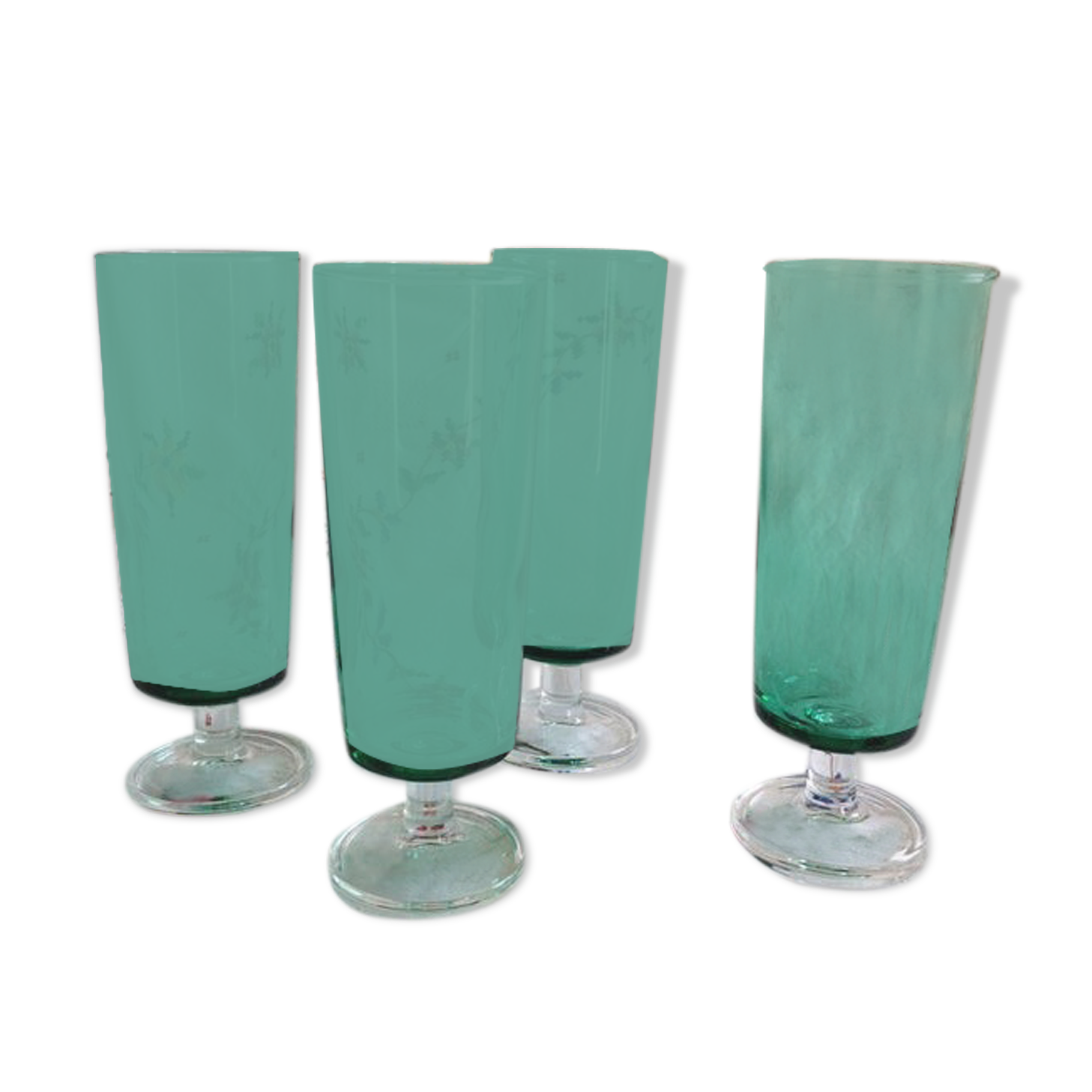 Set of 4 70s green glass flutes Luminarc Arcoroc