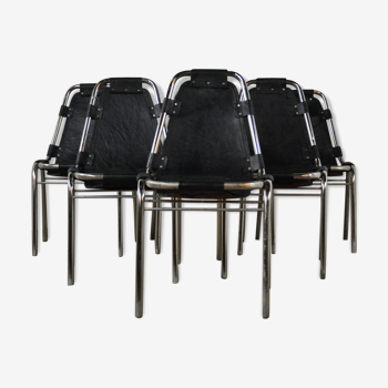 Set de 6 chaises en cuir noir et chrome 1970s