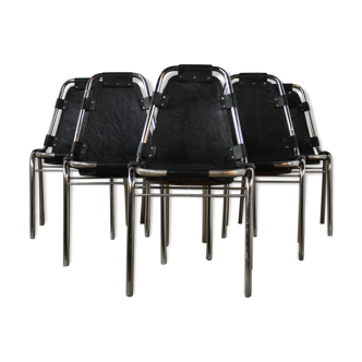 Chairs in black leather and chrome 1970 s set of 6