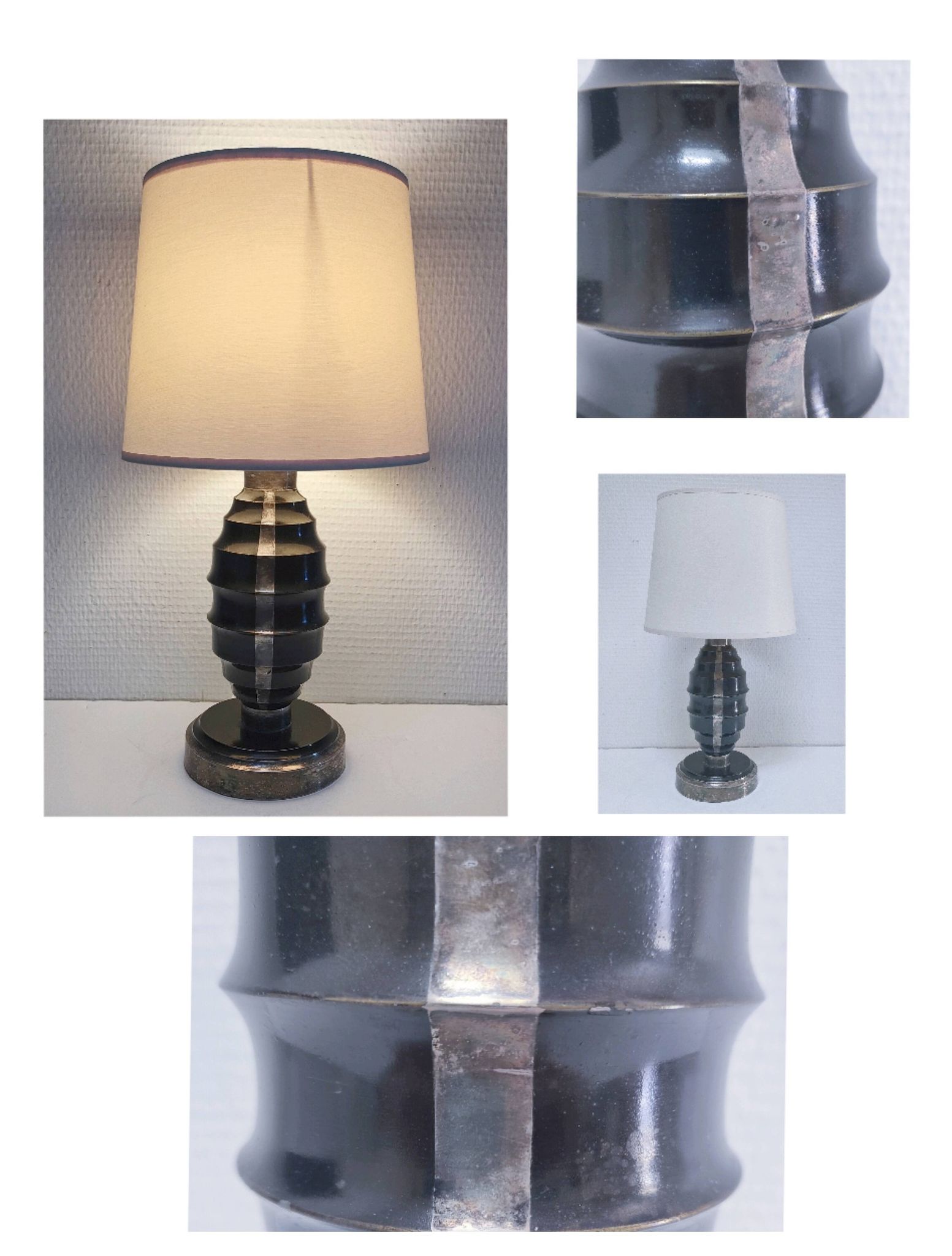 Art Deco metal lamp base with black and silver patina
