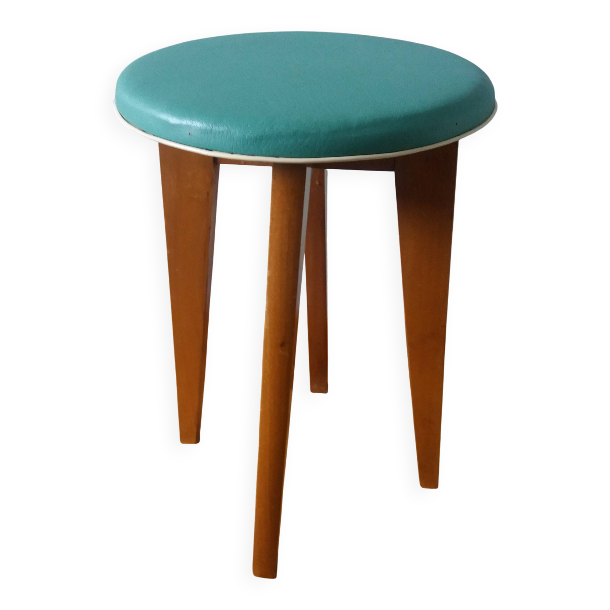 Vintage Scandinavian style wooden and water green leatherette stool