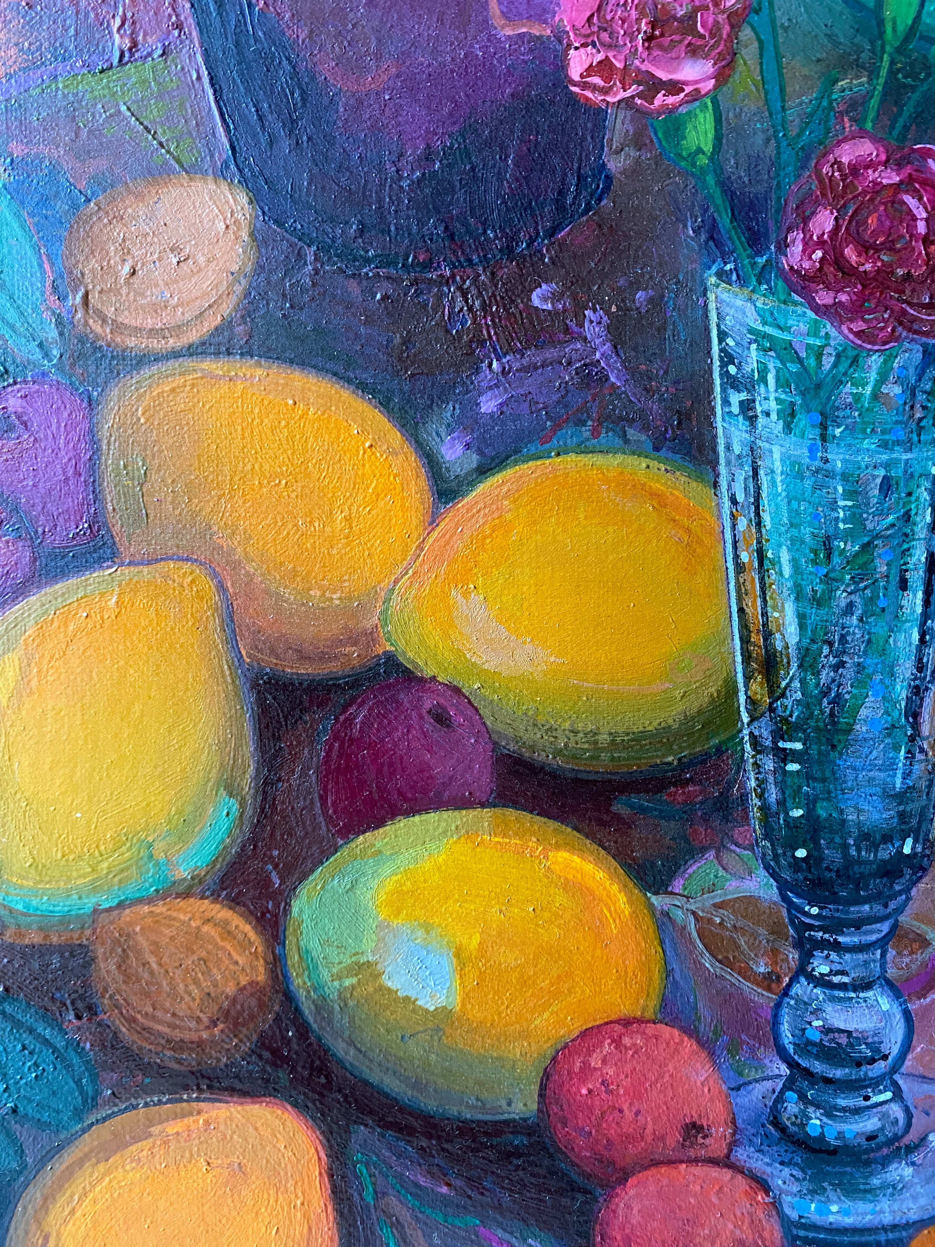 Painting "Still life with flowers and fruits" HST François Chanteclair born in 1942