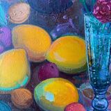 Painting "Still life with flowers and fruits" HST François Chanteclair born in 1942