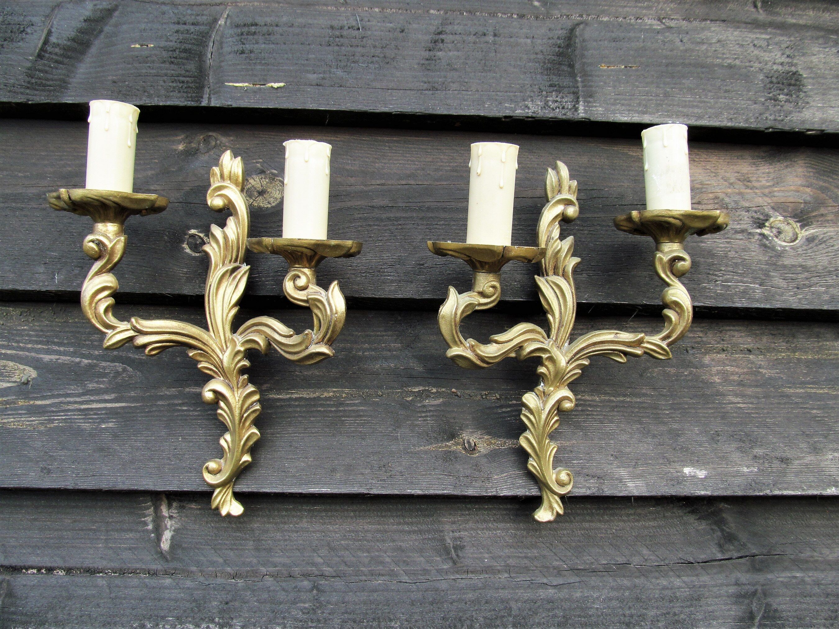 Petite pair of vintage French bronze brass mix 2 arm wall lights sconces revamp rewire
