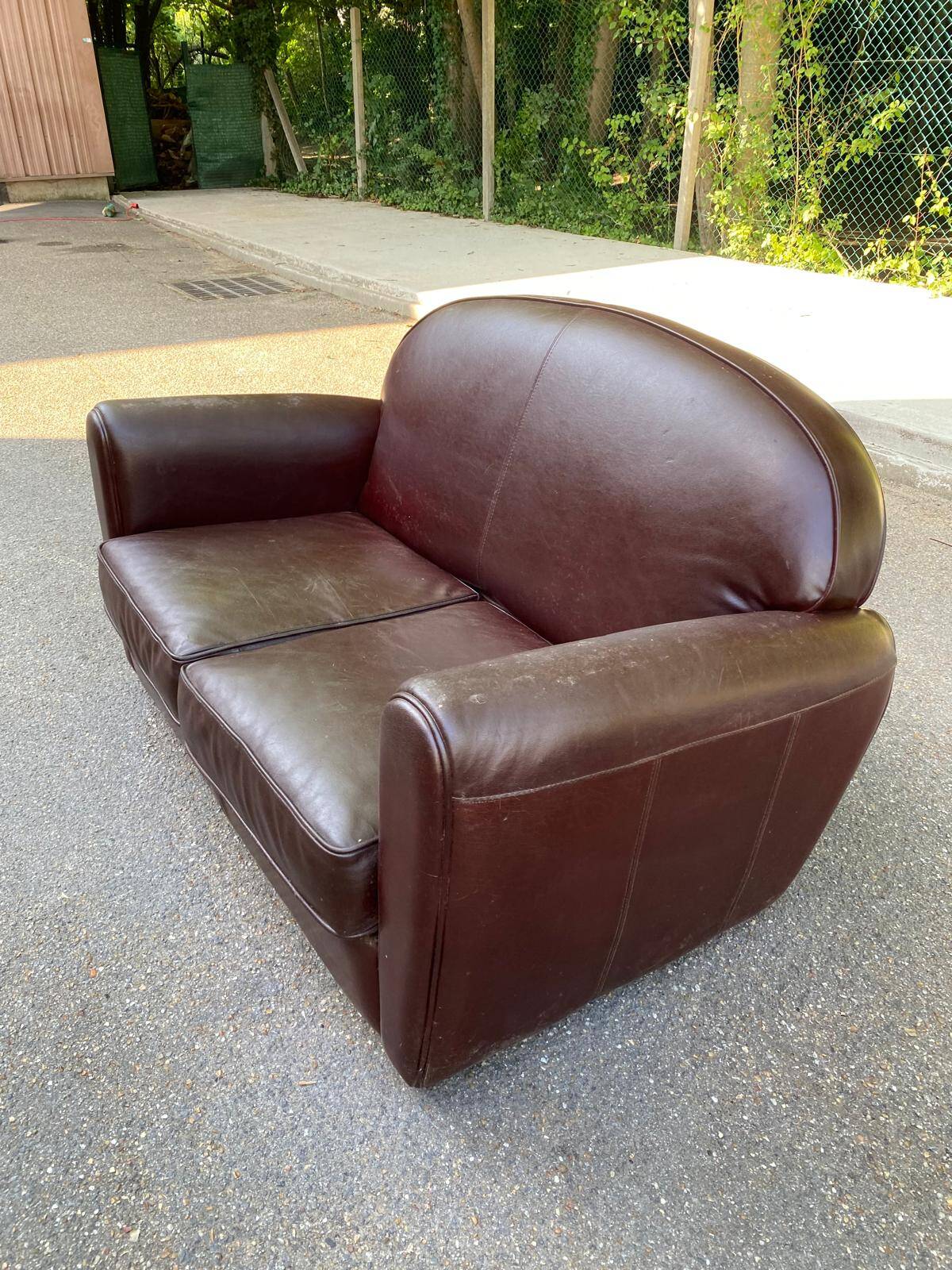 Burgundy brown leather living room sofa and club chair