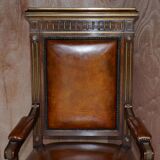 Restored antique Russian hardwood partner desk and leather armchair.