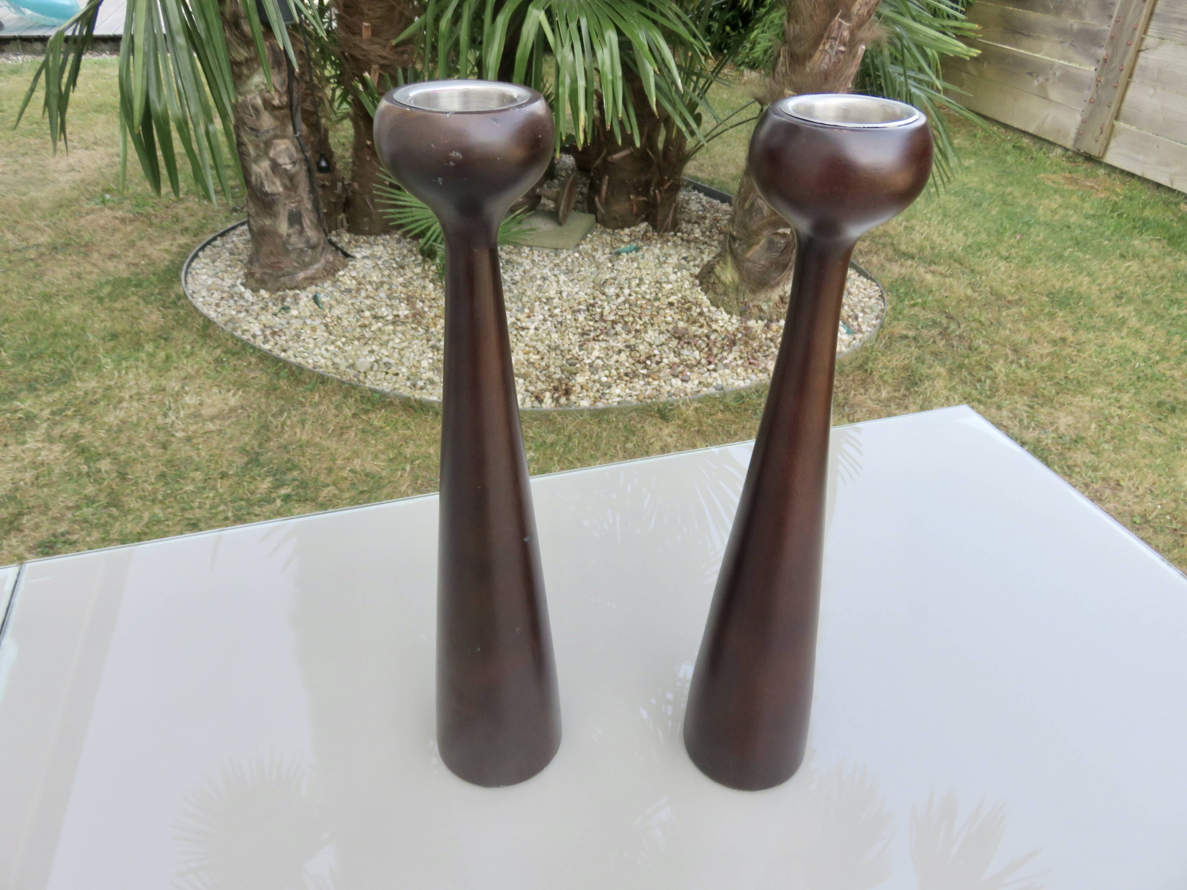 Pair of large Scandinavian teak candlesticks, vintage 1960.