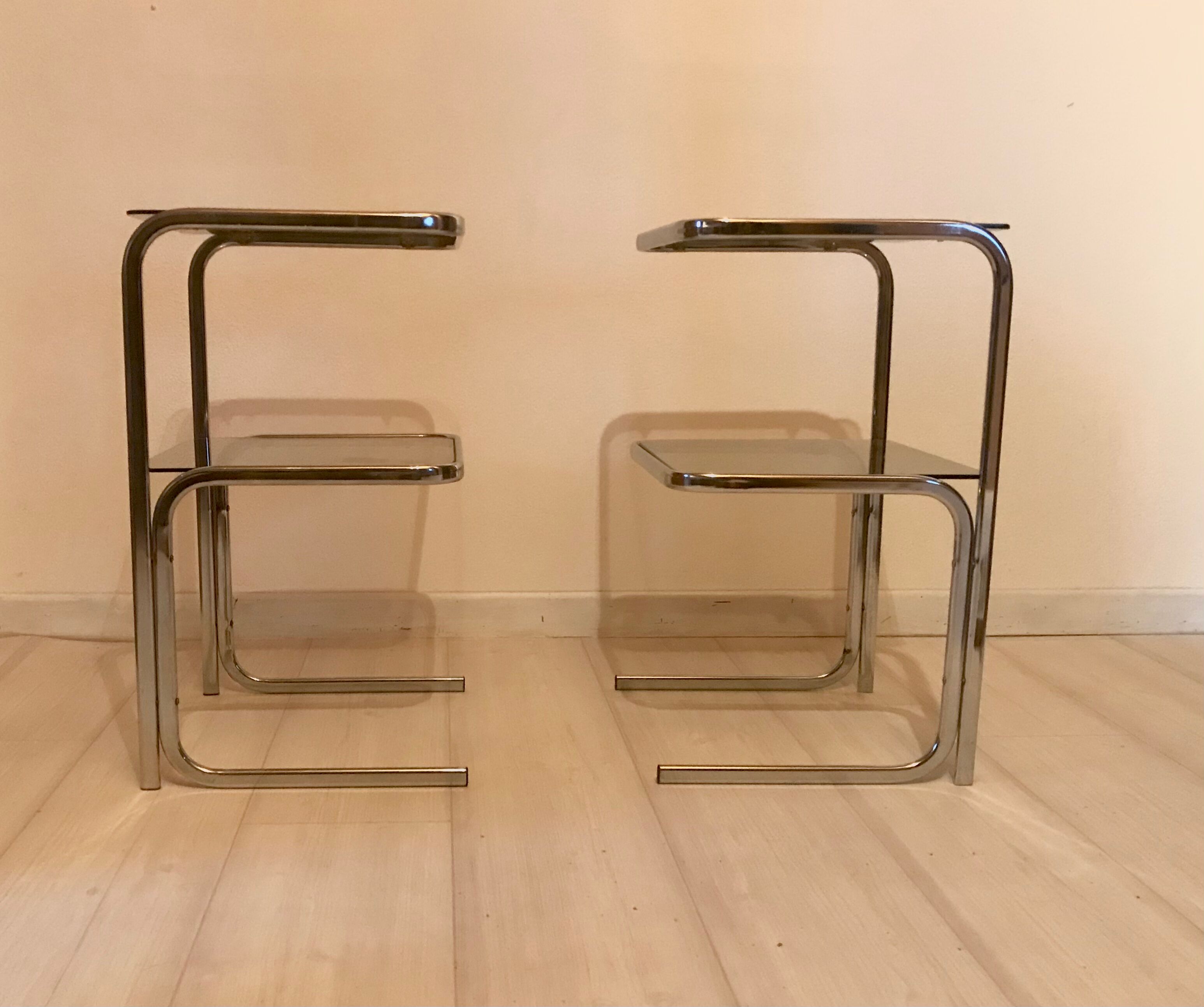 Bedside tables 70s glass and chrome
