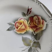 3 Digoin Sarreguemines Adèle plates in grey, yellow, and burgundy.