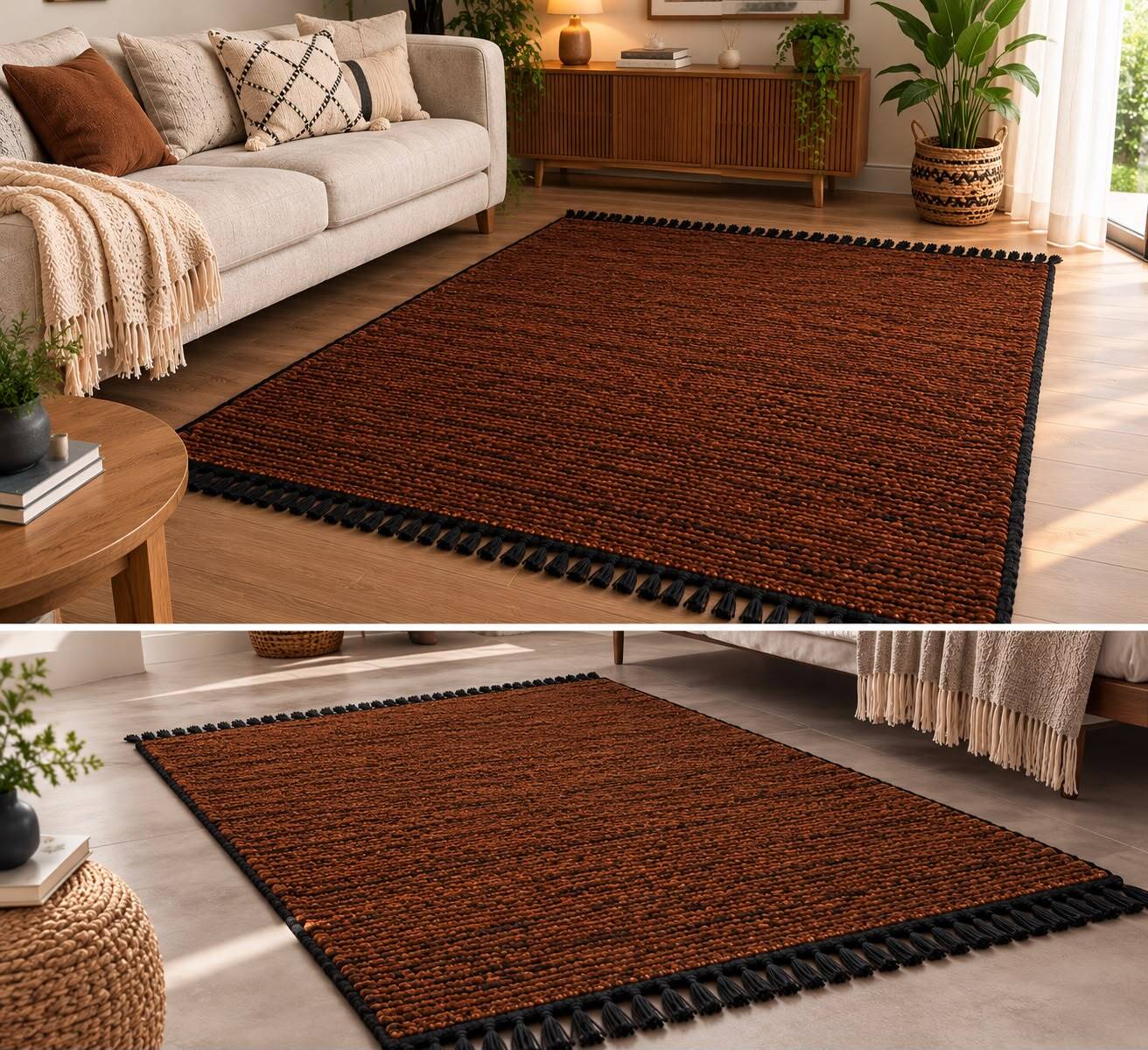 Moroccan Berber Mrirt rug in tobacco brown wool, black weave – 210 × 300.