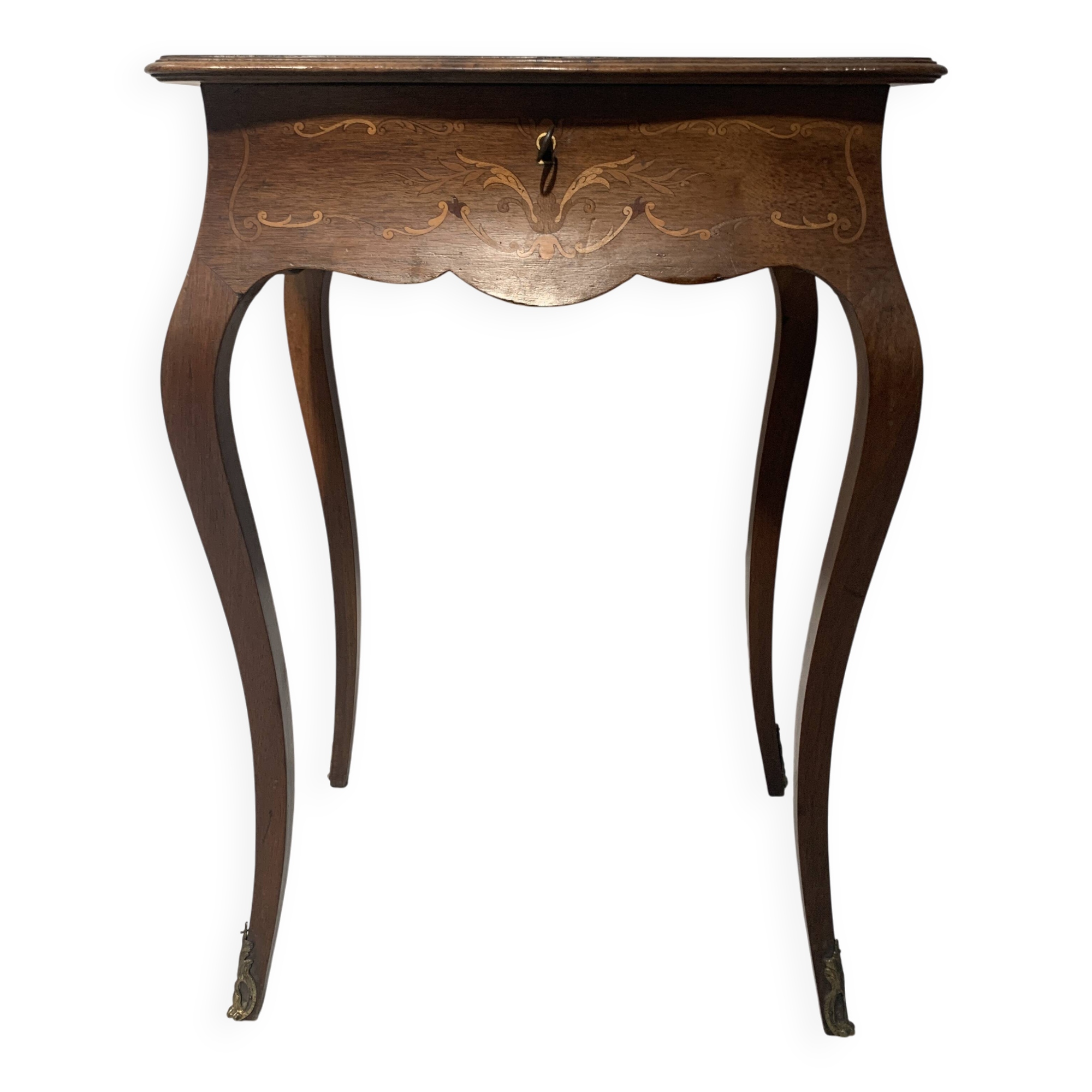 Louis XV style work table in marquetry wood, 20th century