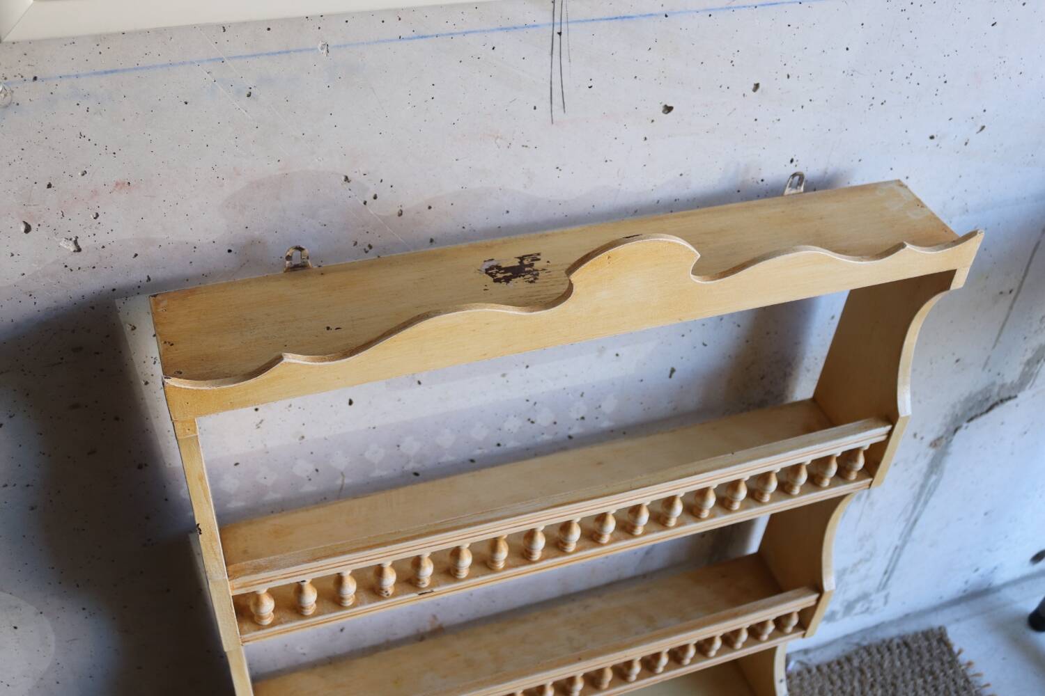 Vintage painted turned wood wall shelf