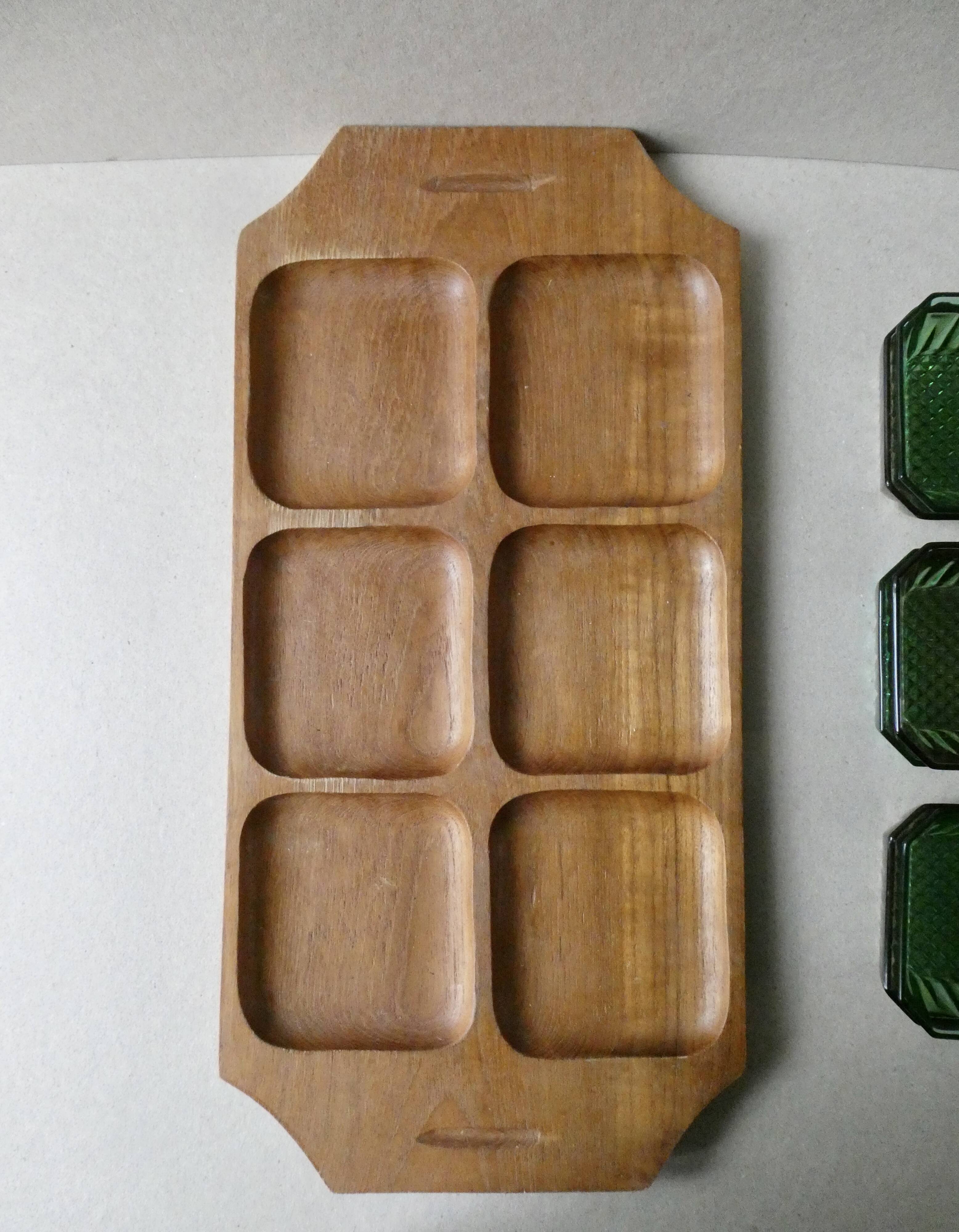 Teak serving tray with 6 glass bowls, 1960s