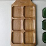 Teak serving tray with 6 glass bowls, 1960s