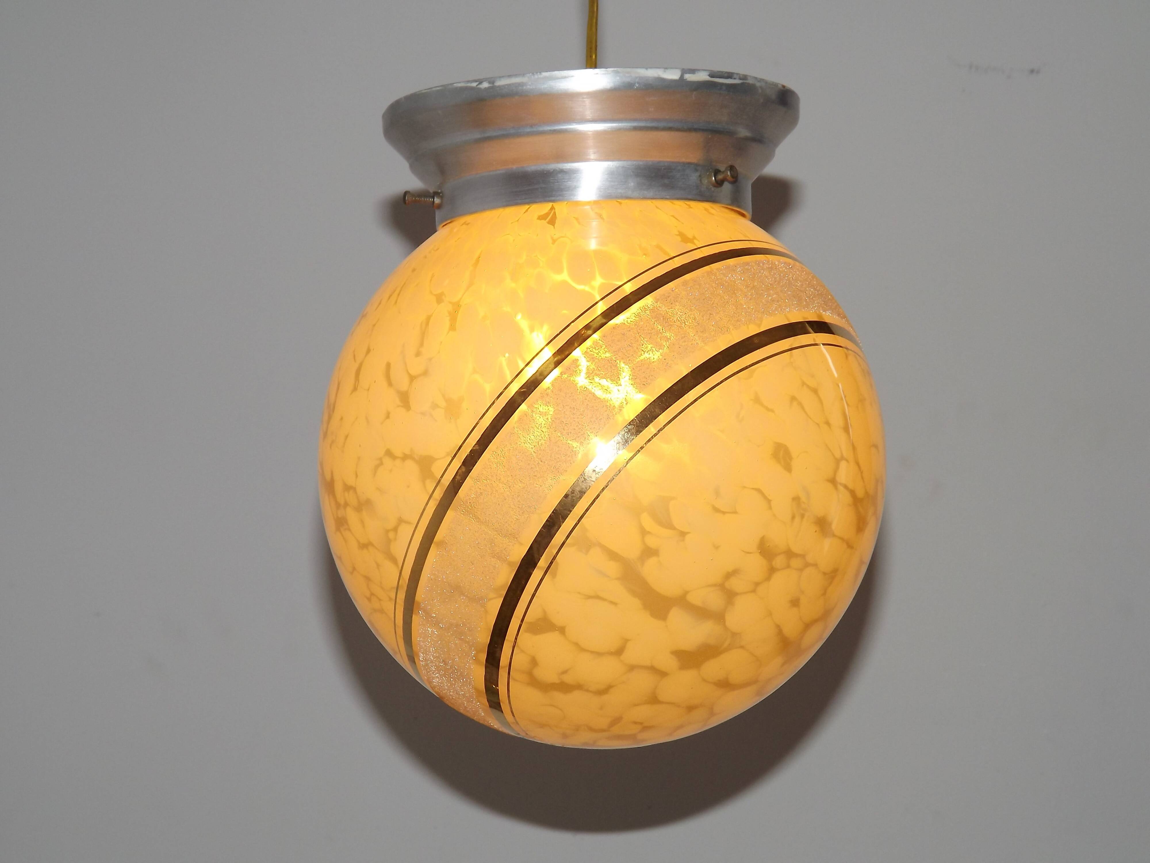 French Art Deco Ceiling Light Yellow & Gold Clichy Shade Metal Fitting 5464