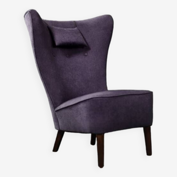chaise à oreilles scandinave moderne vintage du milieu du siècle en chêne et tissu violet à dossier haut, 1950