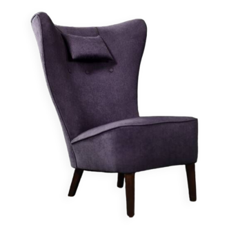 chaise à oreilles scandinave moderne vintage du milieu du siècle en chêne et tissu violet à dossier haut, 1950