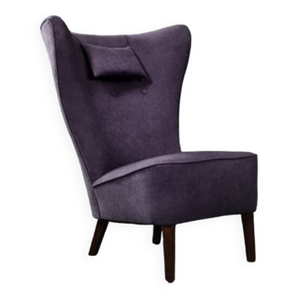 Rare Vintage Mid-Century Scandinavian Modern Oak & Purple Fabric High Back Wing Chair, 1950s