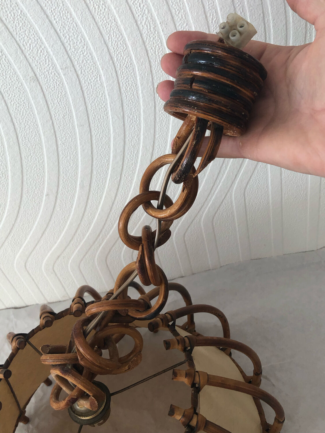 Vintage rattan pendant lamp with paper lampshade