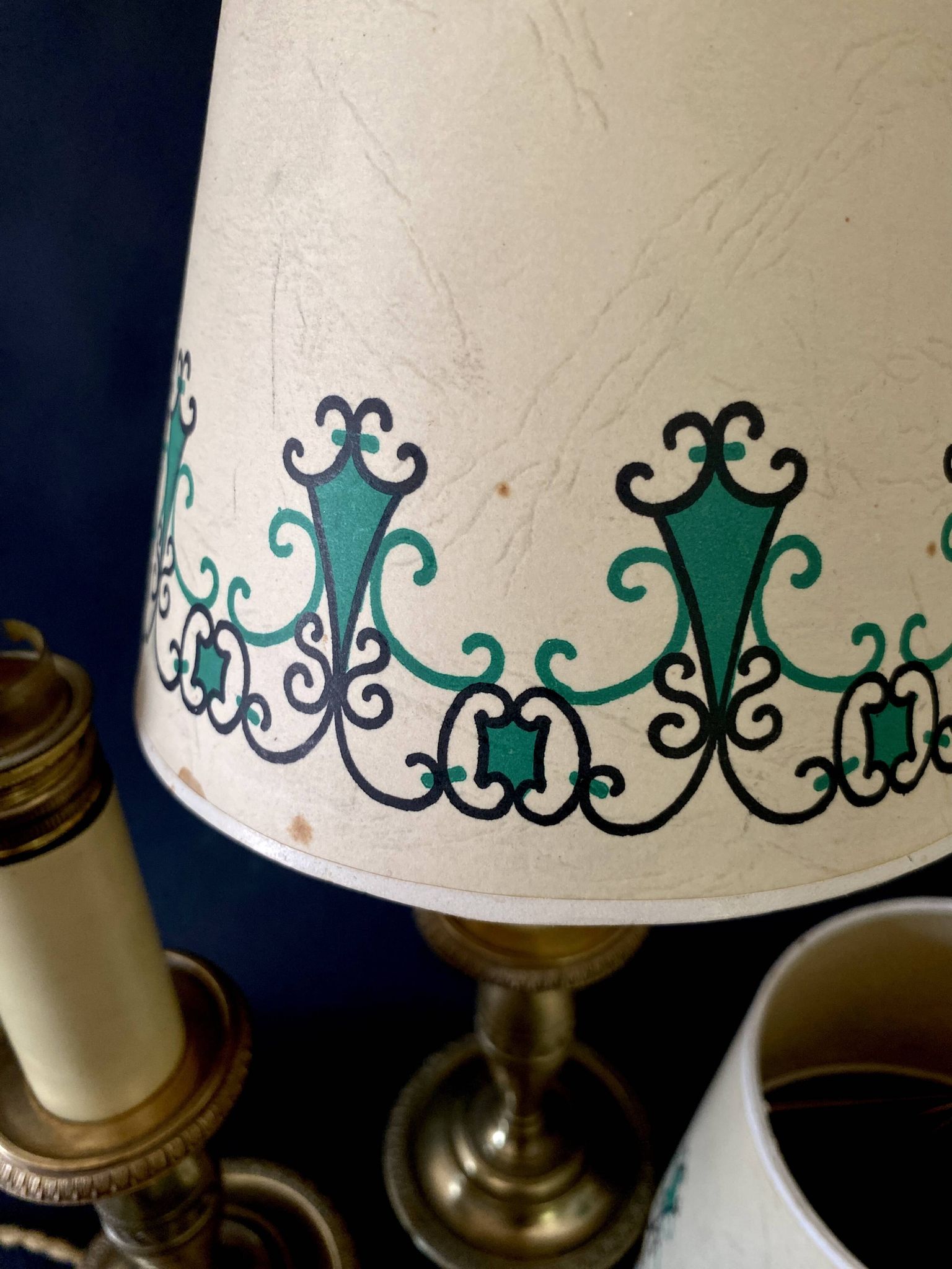 Pair of brass lamps, new 2M fabric cables, paper lampshades