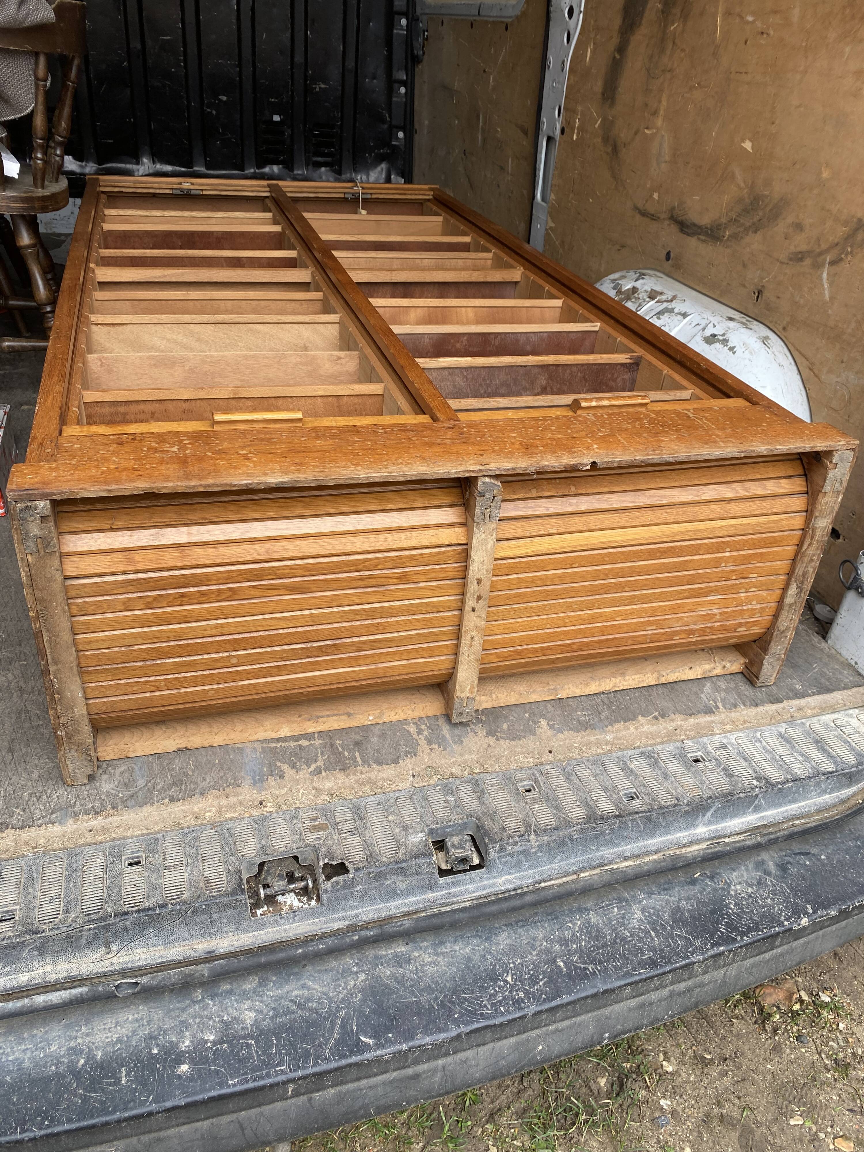 Double-column oak filing cabinet with curtains, 1950s.