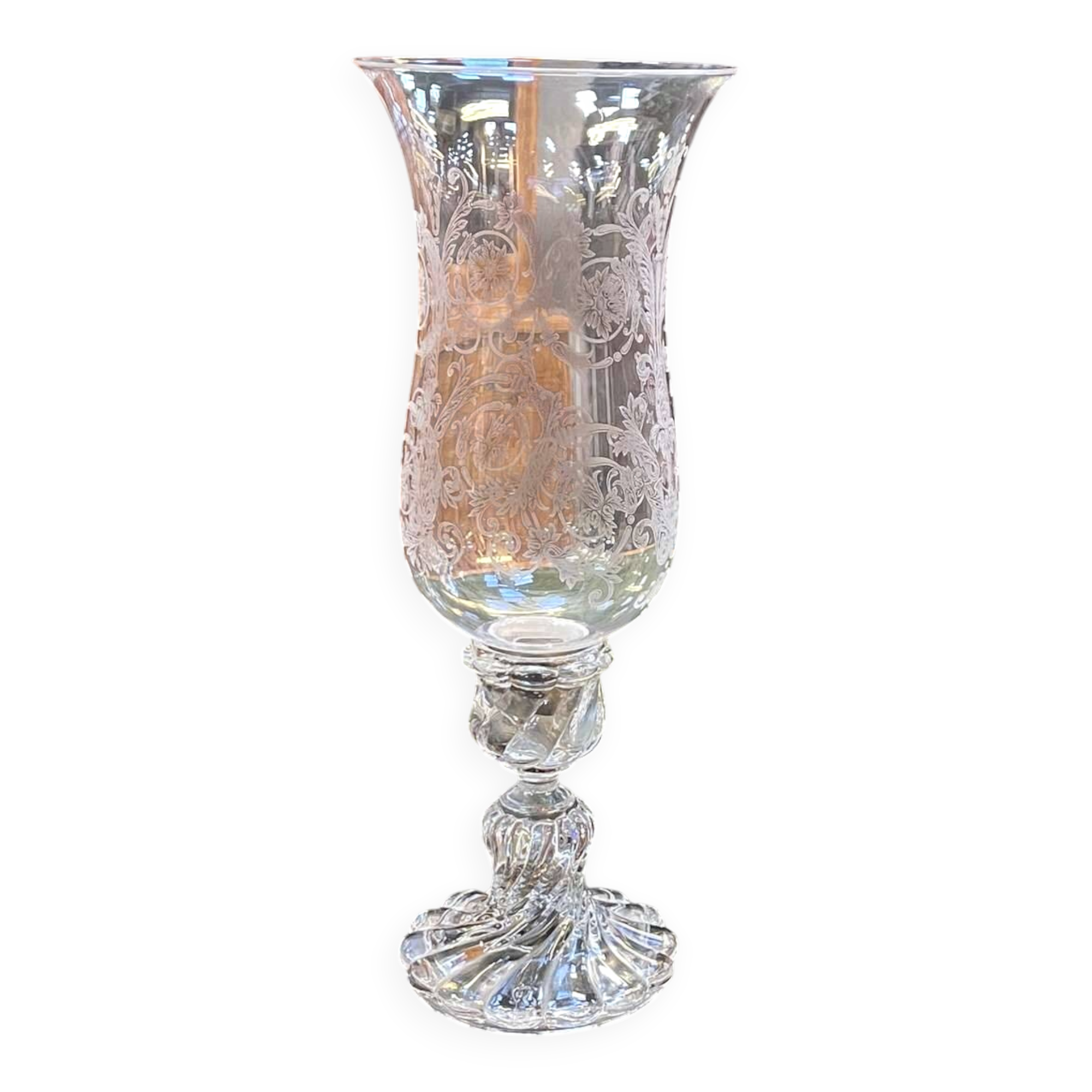 Baccarat crystal lantern with engraved foliage decoration.