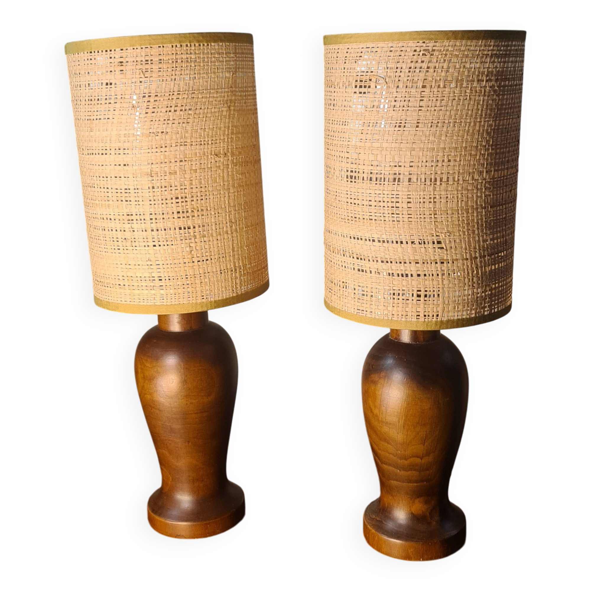 pair of Scandinavian wooden lamps with straw lampshade 41x15