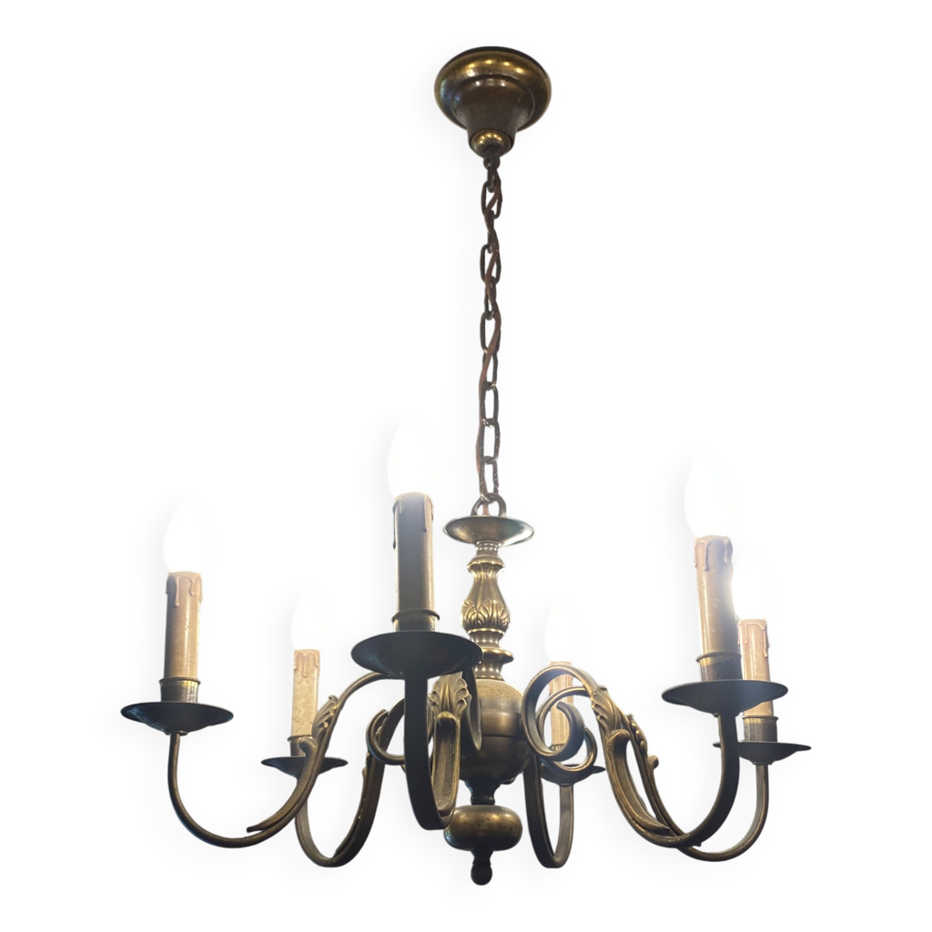 Ancien lustre hollandais 6 branches en laiton et bronze. | Selency