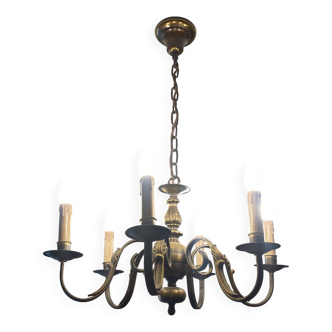 Ancien lustre hollandais 6 branches en laiton et bronze.