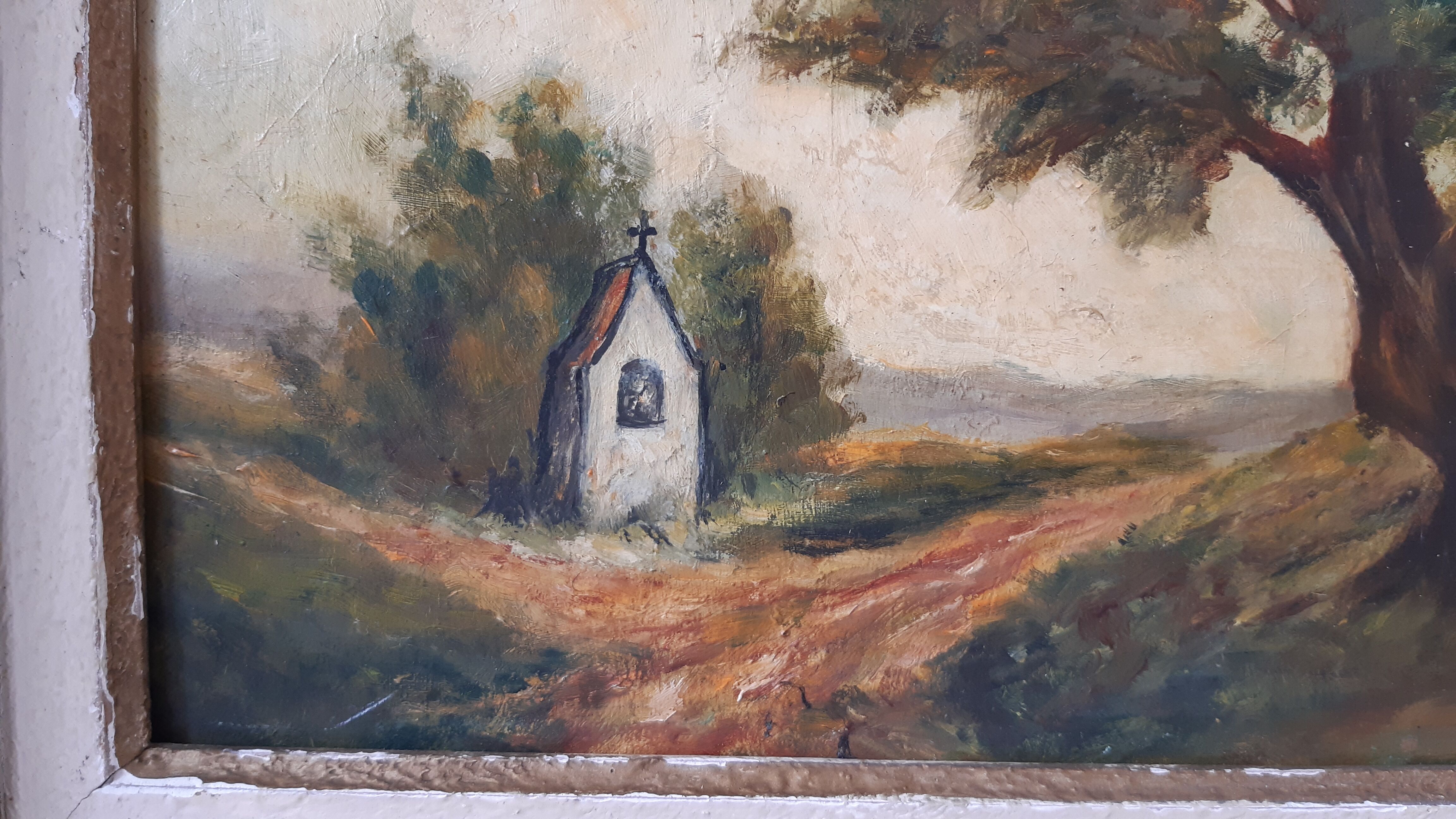 Oil painting on cardboard framed vintage landscape