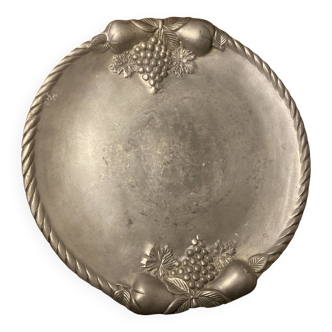 Large pewter dish with fruit decoration, vintage