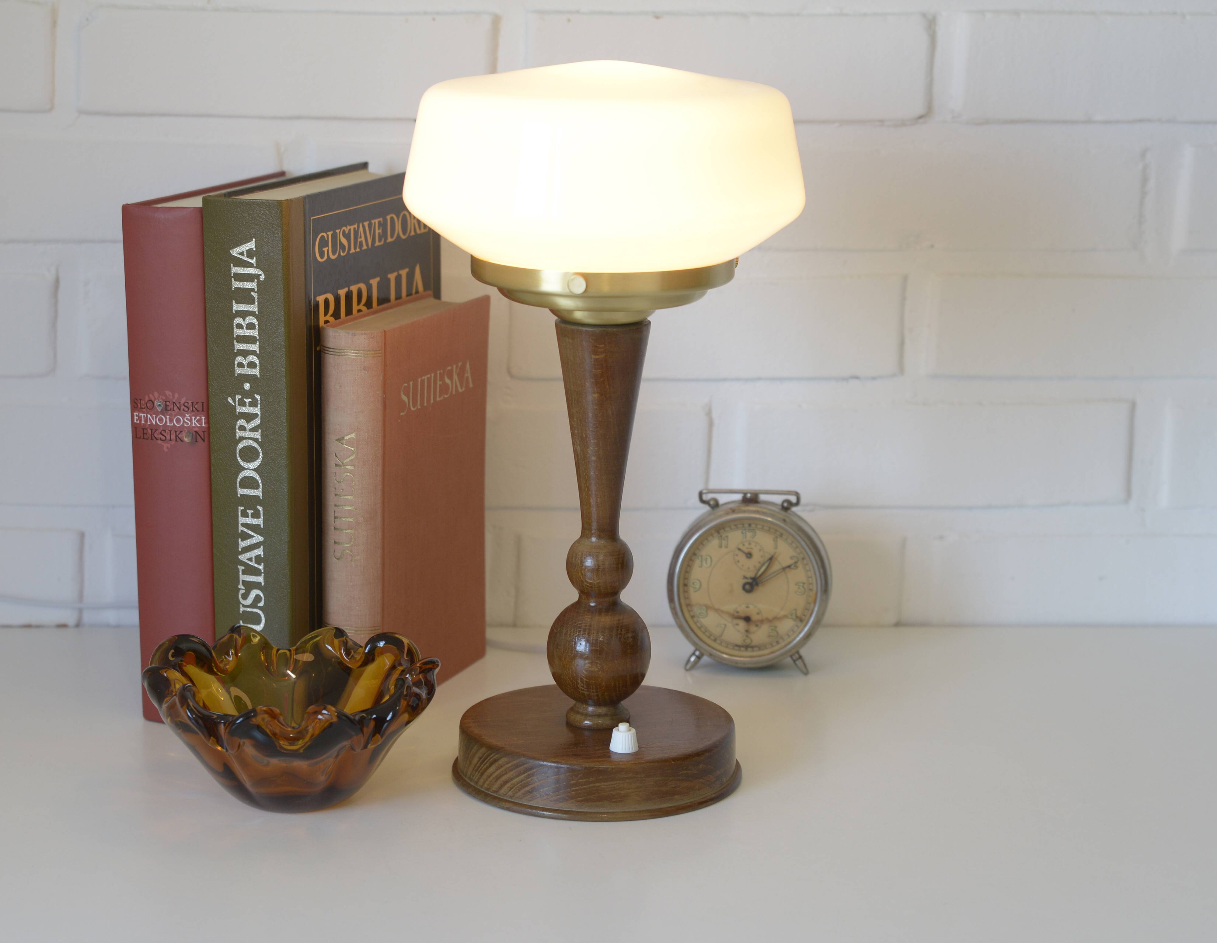 Art Deco Table Lamp | Vintage White Opaline Mushroom Glass | Restored Solid Wood | Fully Rewired | Bauhaus Style