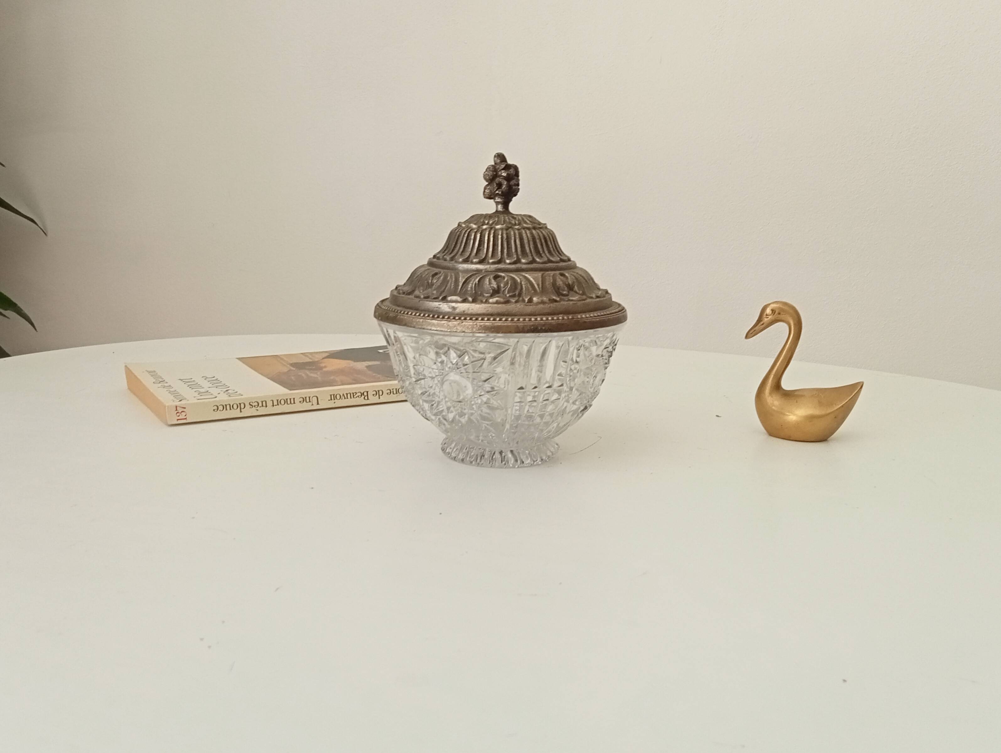 Vintage chiseled glass and tin candy box