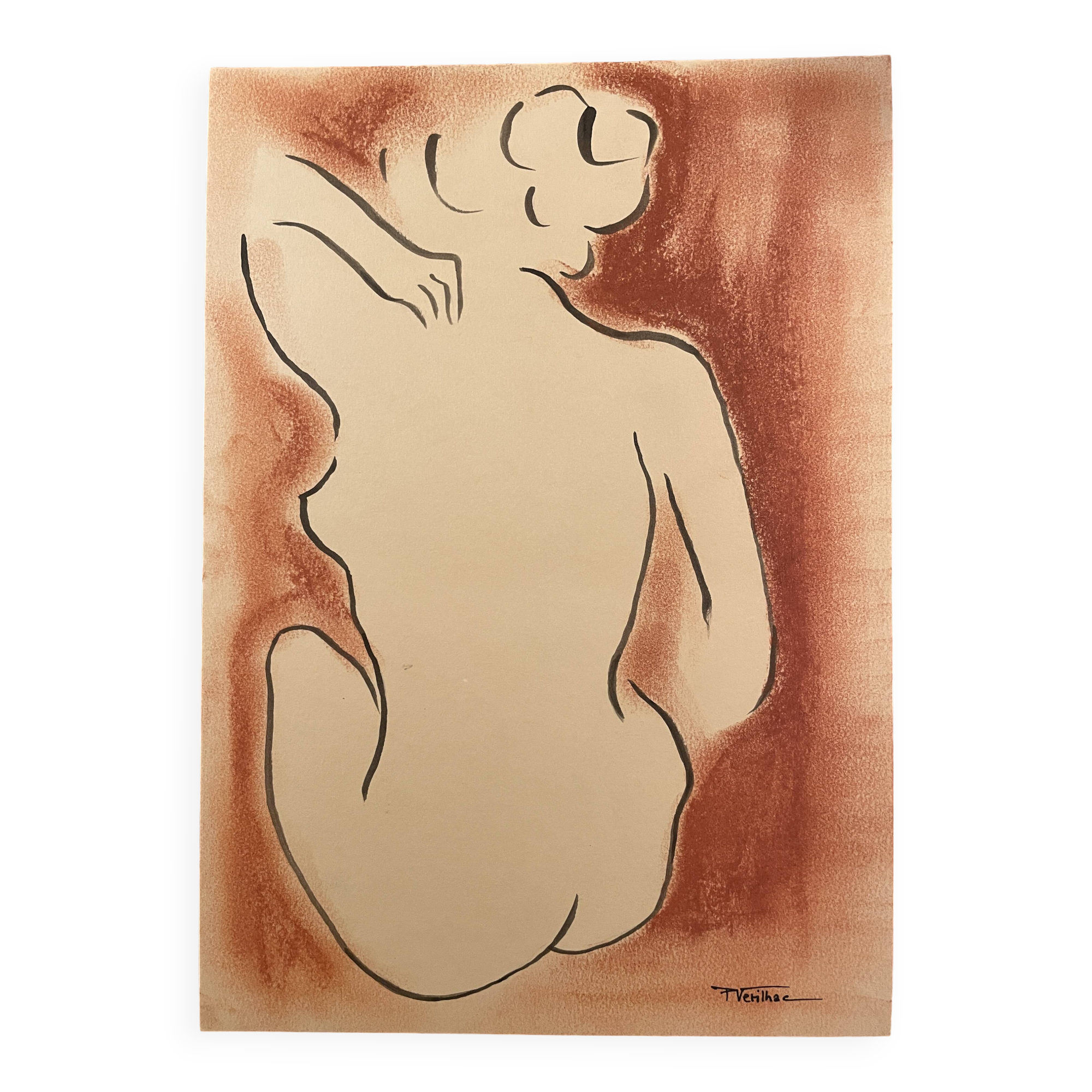 Signed painting in Chinese ink and art deco pastel, female portrait “the bath”