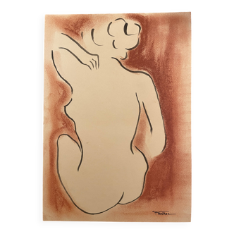 Signed painting in Chinese ink and art deco pastel, female portrait “the bath”